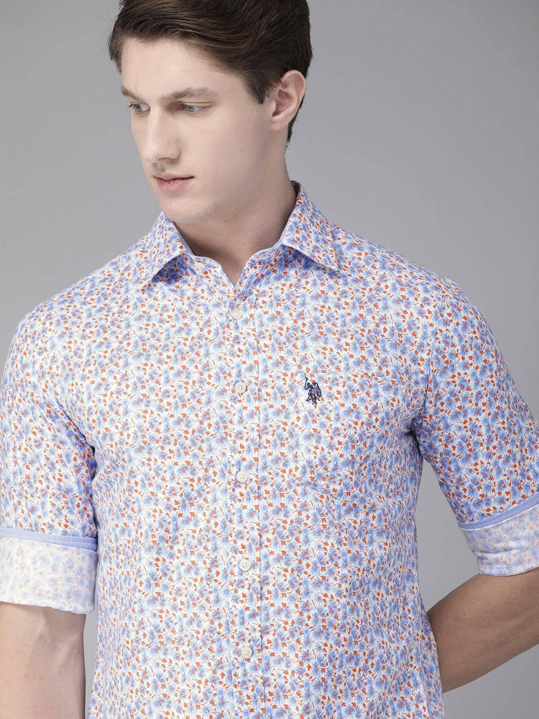 

U.S. Polo Assn. Men Orange & Blue Tailored Fit Striped Casual Shirt