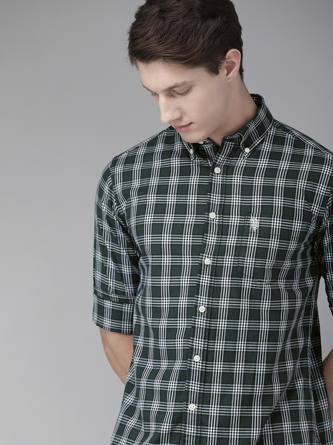 

U.S. Polo Assn. Men Teal Green & White Tailored Fit Checked Casual Shirt