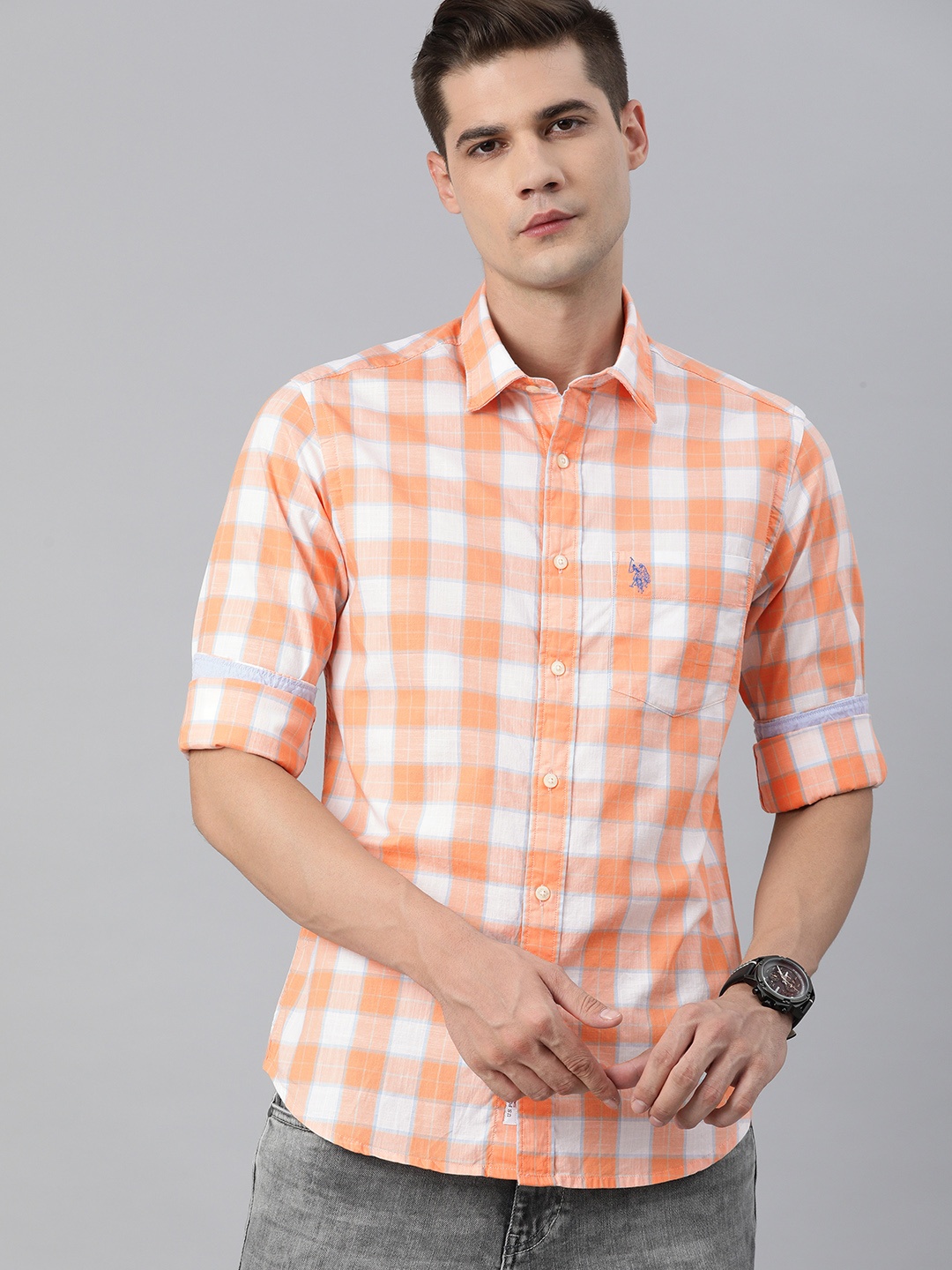 

U S Polo Assn Men Orange & White Tailored Fit Checked Cotton Casual Shirt