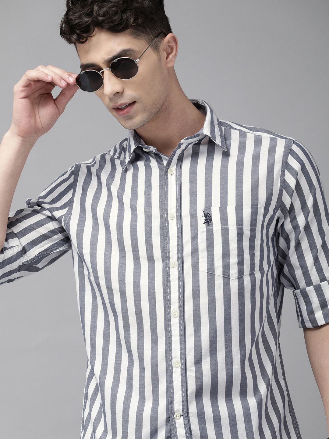 

U.S. Polo Assn. Men Grey & White Tailored Fit Striped Casual Shirt