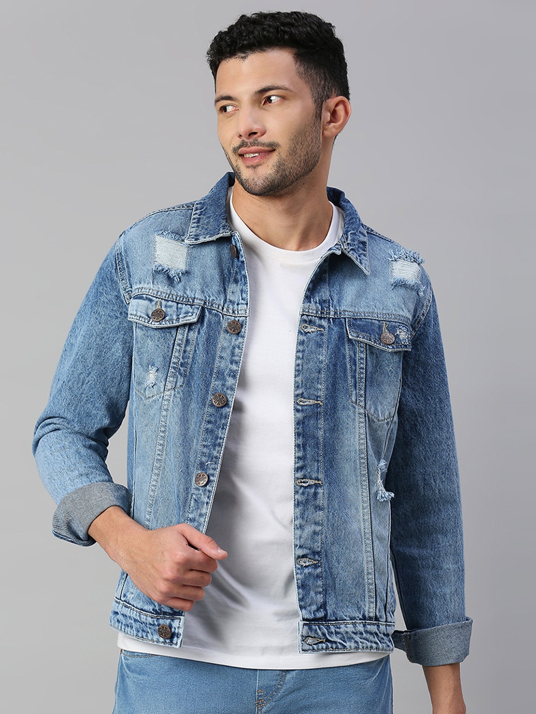 

High Star Men Blue Solid Denim Jacket