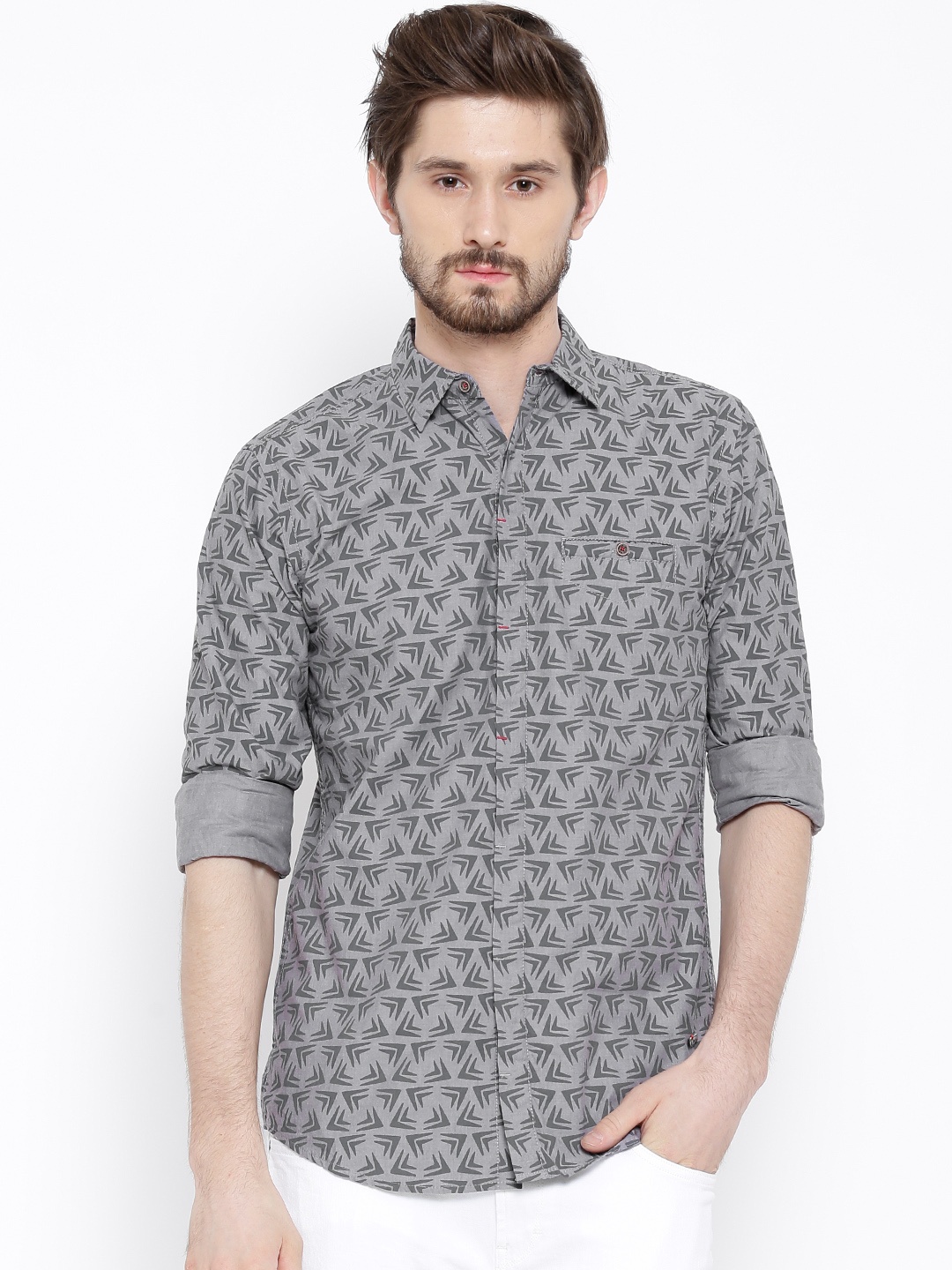 

Status Quo Grey Printed Slim Casual Shirt