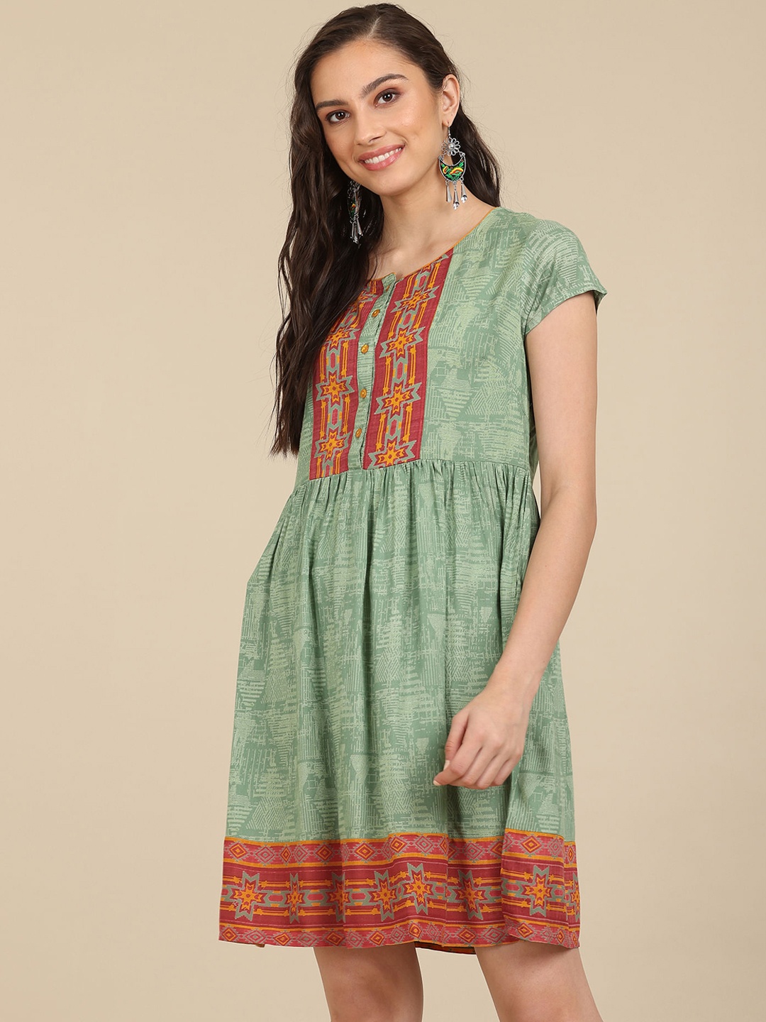 

Karigari Women Green Printed Fit and Flare Dress