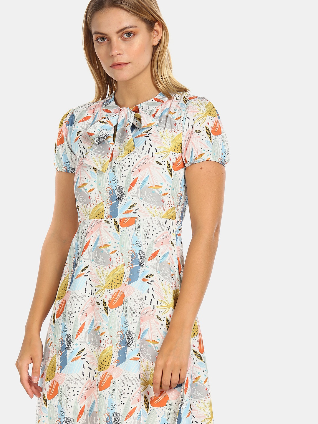 

Sugr Women Off-White & Blue Floral Print Fit and Flare Dress