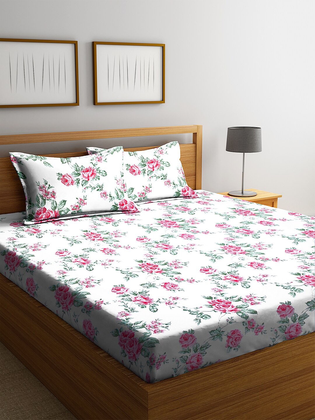 

BLANC9 White & Pink Floral 170 TC Cotton 1 King Bedsheet with 2 Pillow Covers