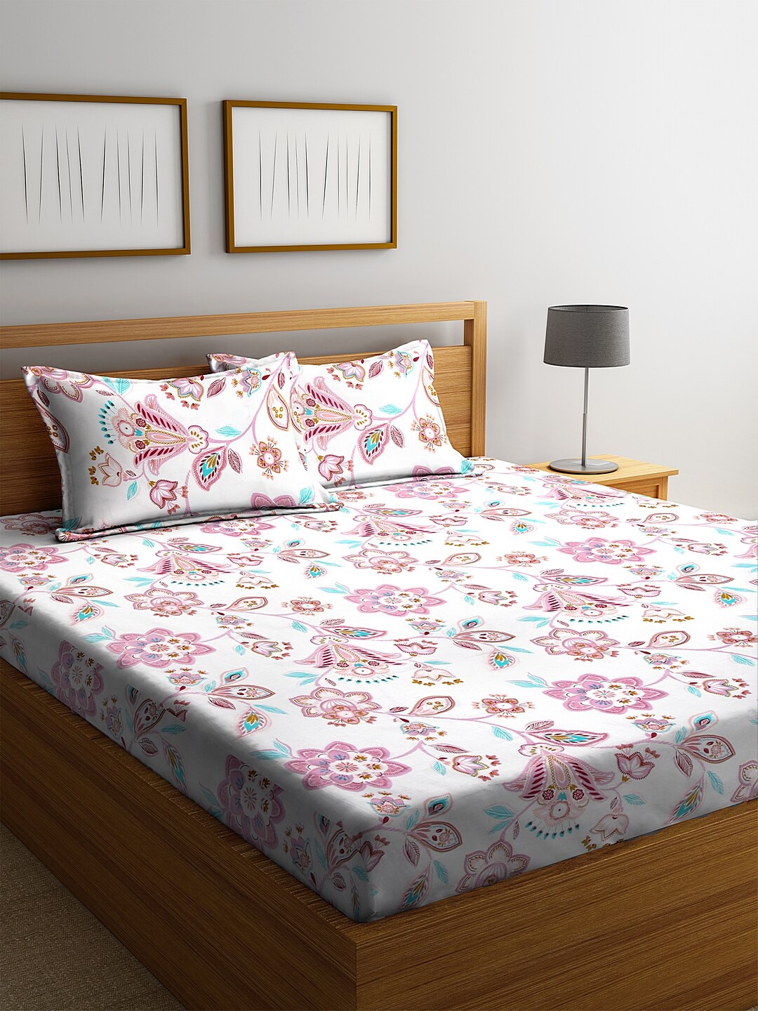 

BLANC9 White & Pink Floral 300 TC Cotton 1 King Bedsheet with 2 Pillow Covers