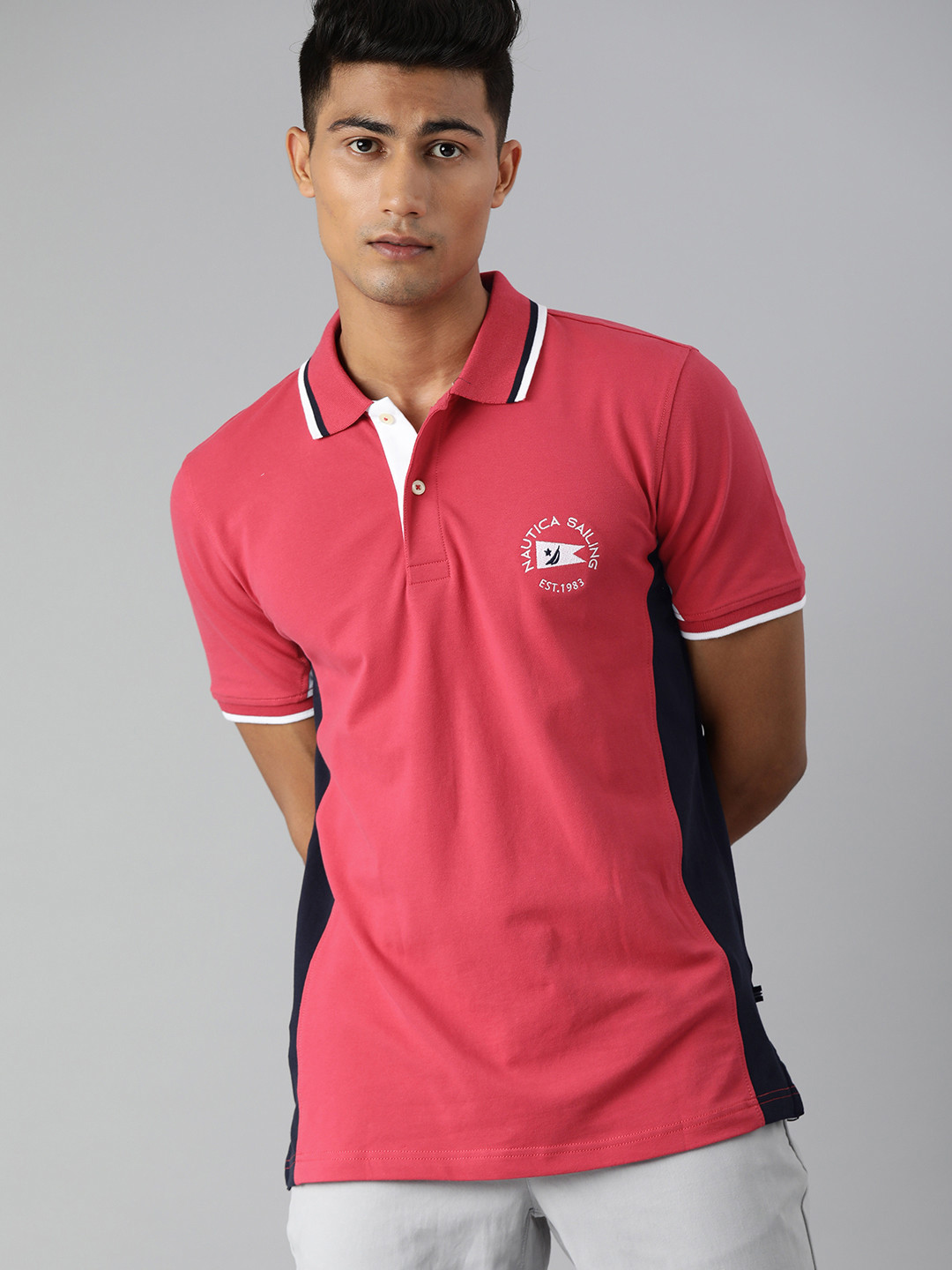 

Nautica Men Pink & Navy Blue Polo Collar T-shirt