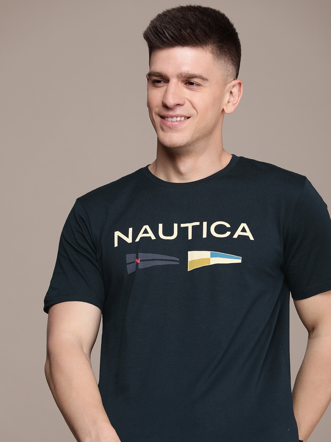 

Nautica Men Pure Cotton Brand Logo Printed T-shirt, Navy blue