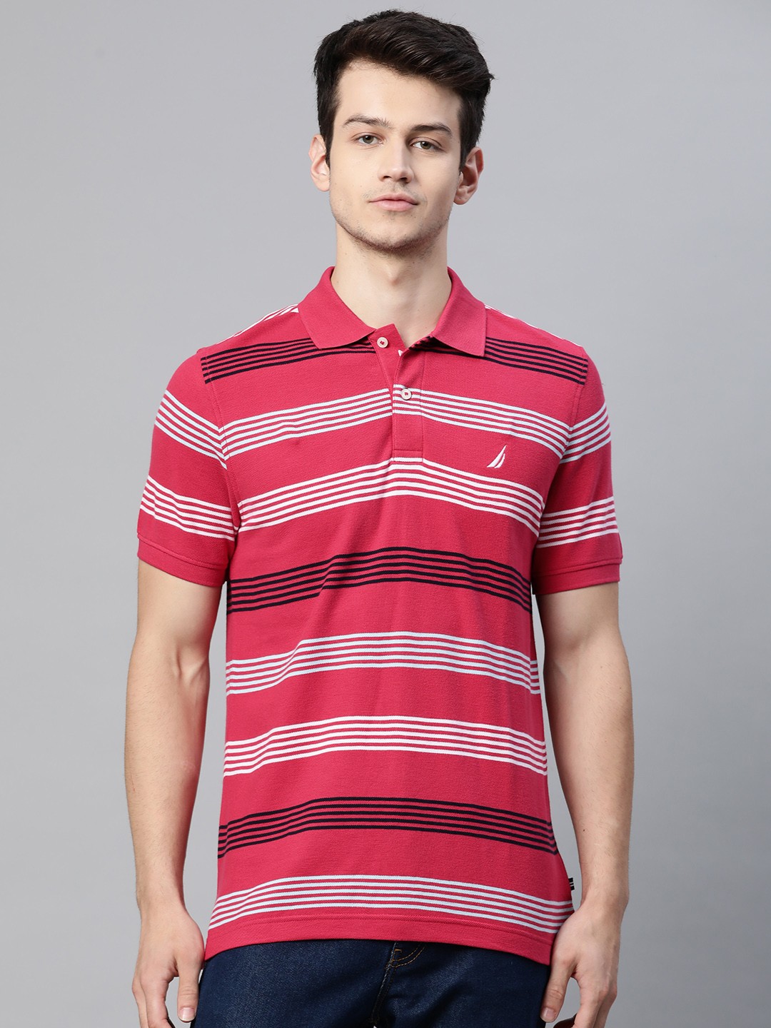 

Nautica Men Pink & White Striped Polo Collar Embroidered Pure Cotton T-shirt