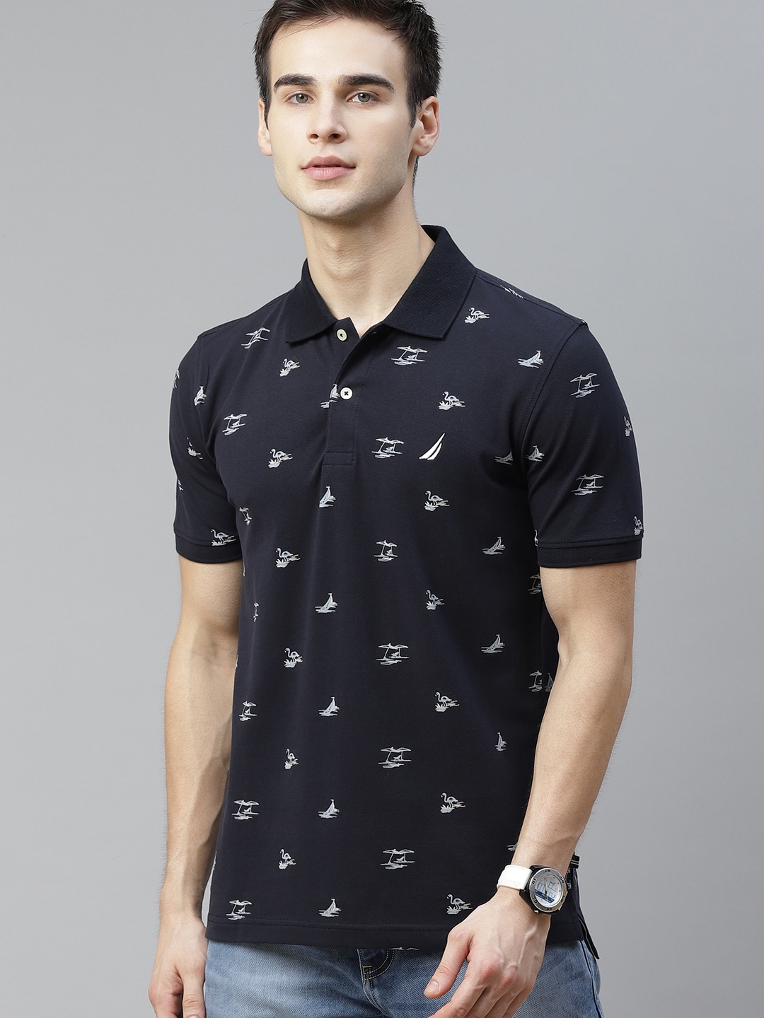 

Nautica Men Navy Blue & White Printed Polo Collar T-shirt