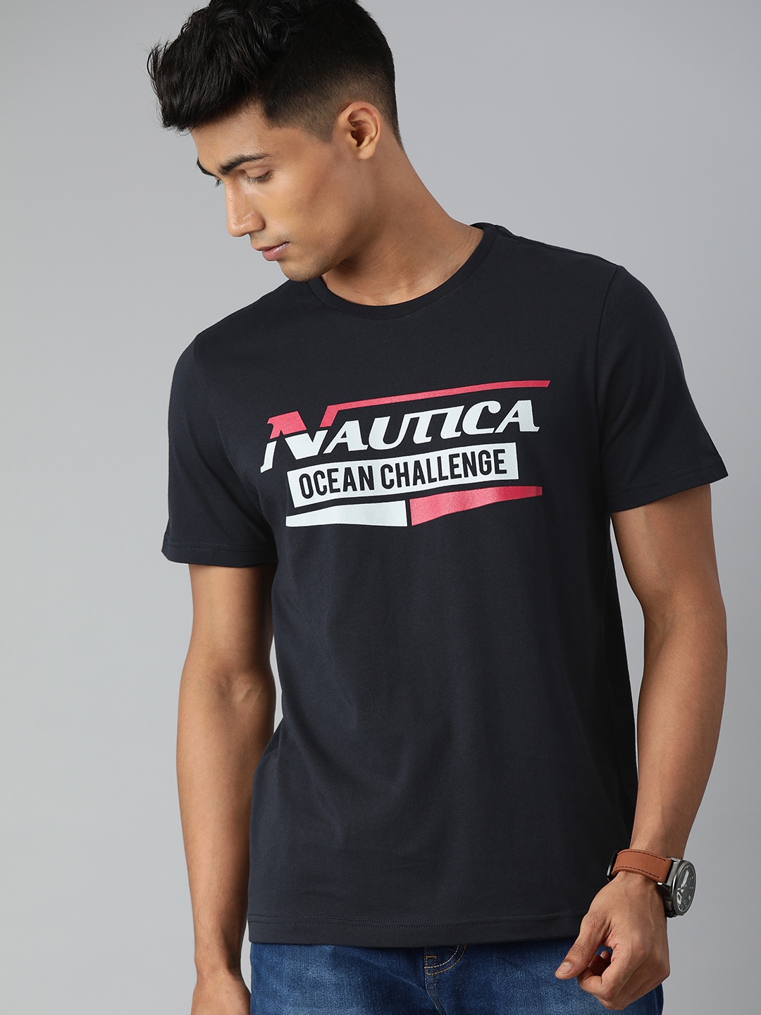 

Nautica Men Navy Blue Pure Cotton Typography Printed T-shirt