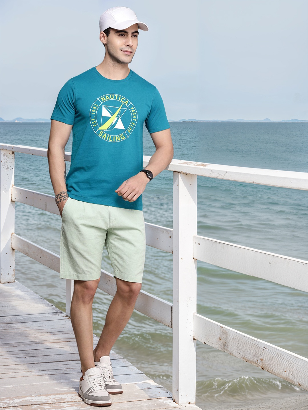 

Nautica Men Teal Blue Pure Cotton Typography Printed T-shirt