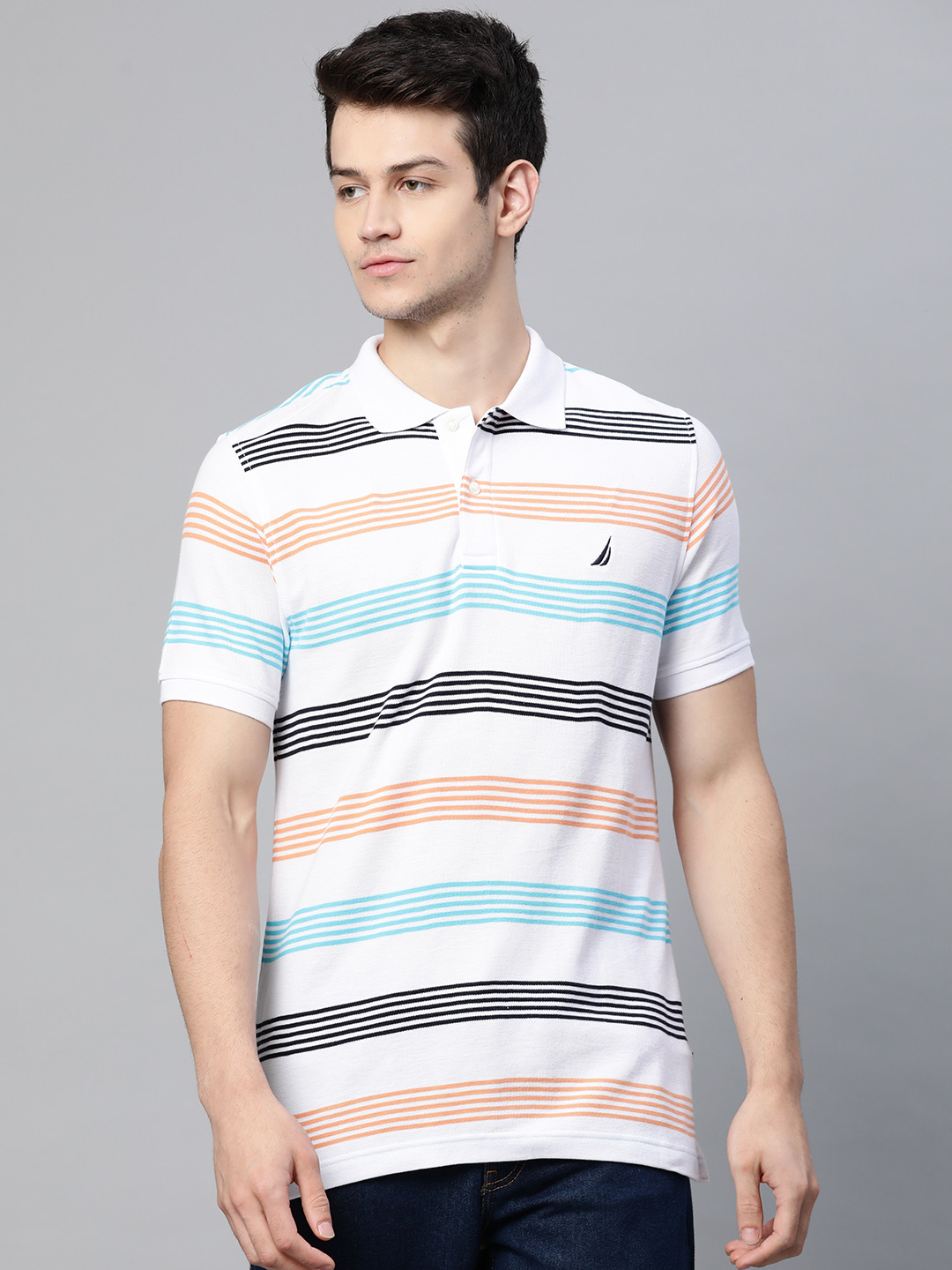 

Nautica Men White & Black Pure Cotton Striped Polo Collar T-shirt