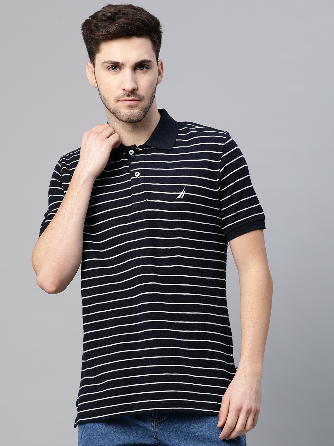 

Nautica Men Navy Blue & White Pure Cotton Striped Polo Collar T-shirt