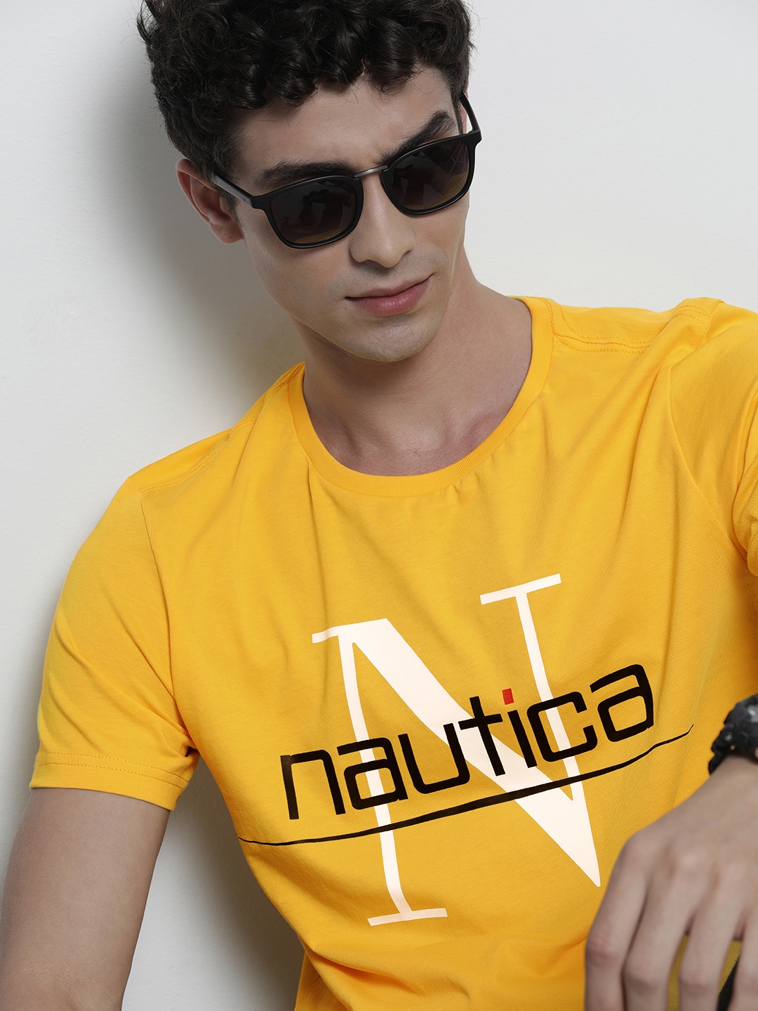 

Nautica Men Yellow Black Printed Pure Cotton T-shirt