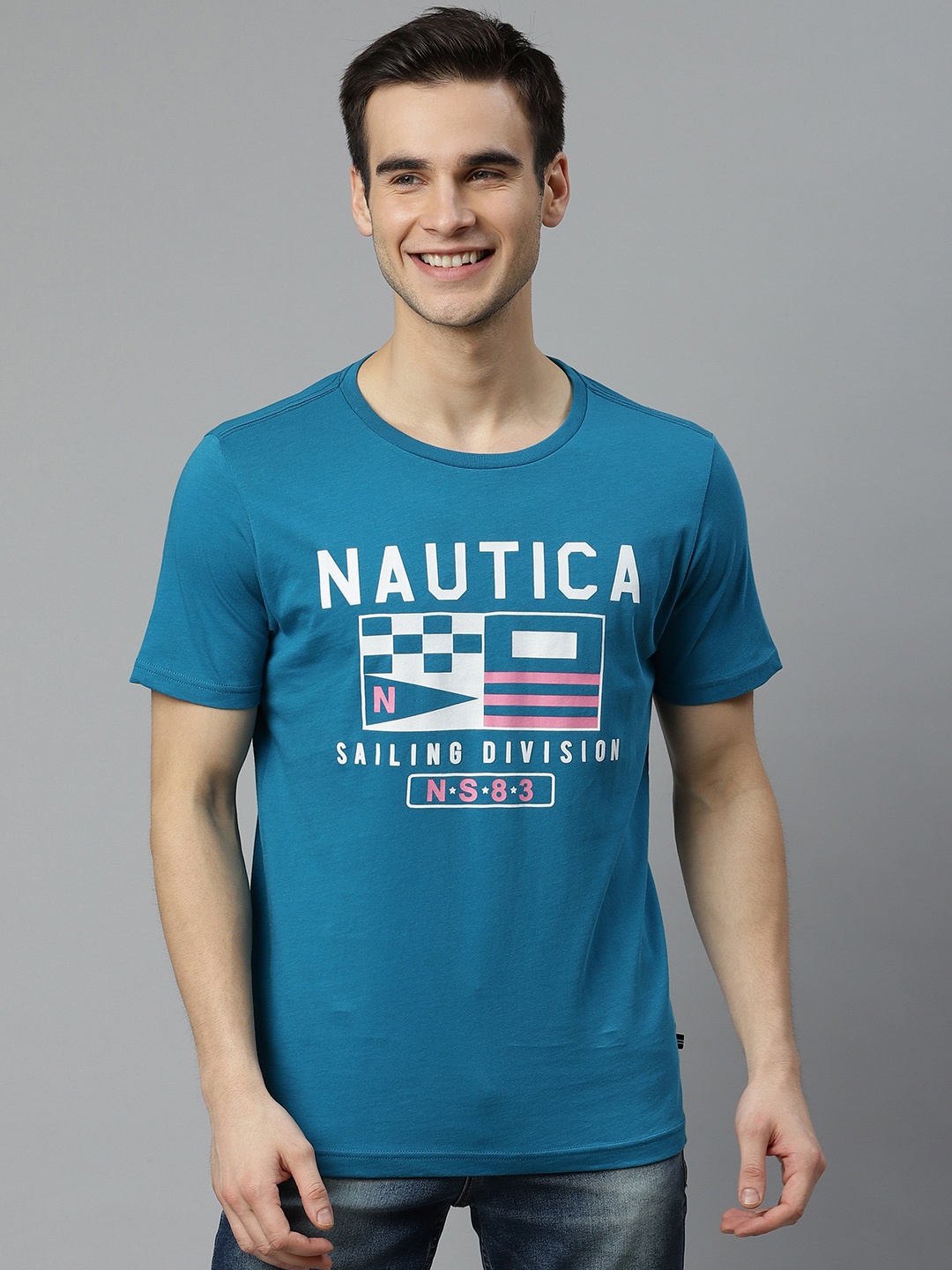 

Nautica Men Teal Blue & White Pure Cotton Printed Round Neck T-shirt