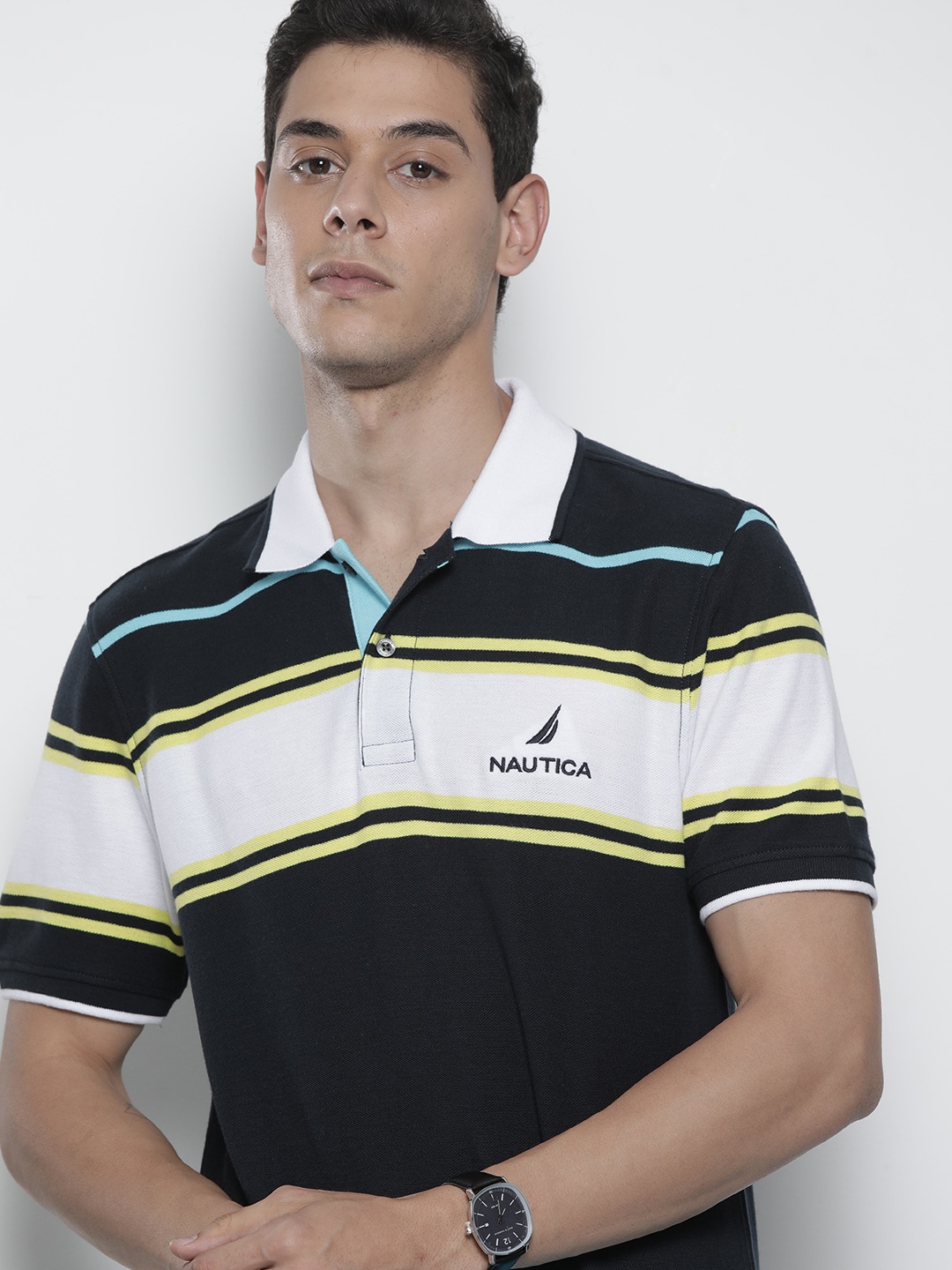 

Nautica Men Black White Striped Polo Collar Pure Cotton T-shirt