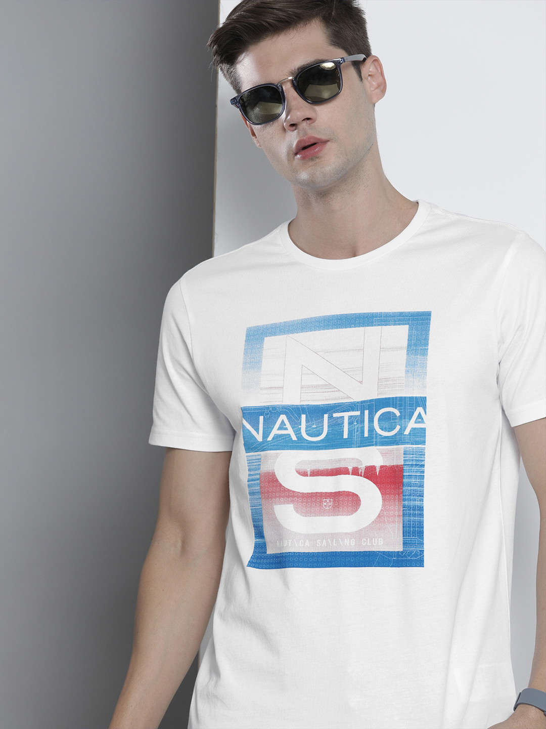 

Nautica Men White Blue Brand Logo Print Round Neck Pure Cotton T-shirt