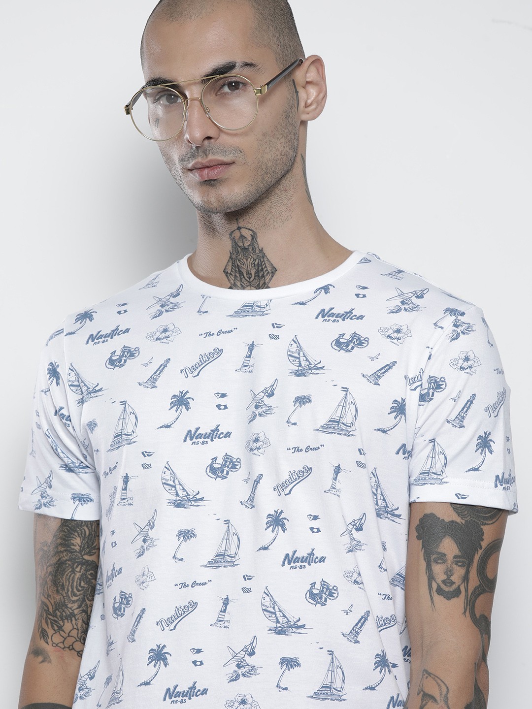 

Nautica Men White Blue Printed Pure Cotton T-shirt