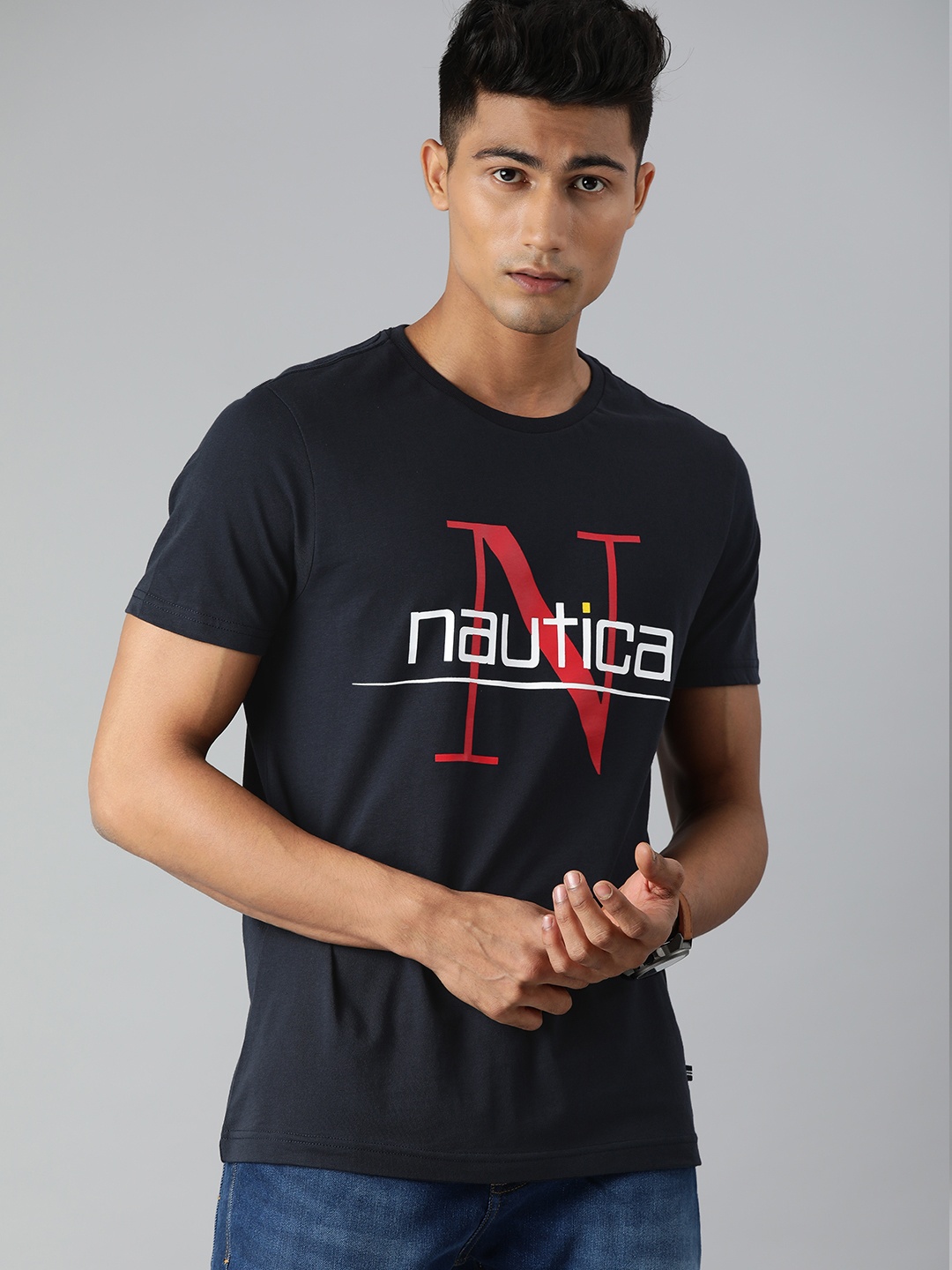 

Nautica Men Navy Blue Pure Cotton Typography Printed T-shirt