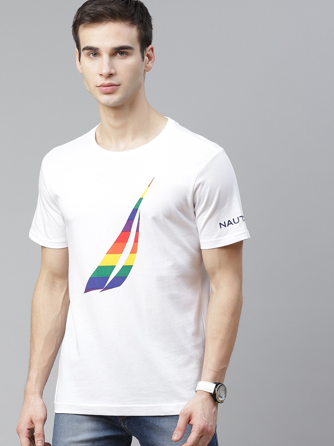 

Nautica Men White & Blue Printed T-shirt