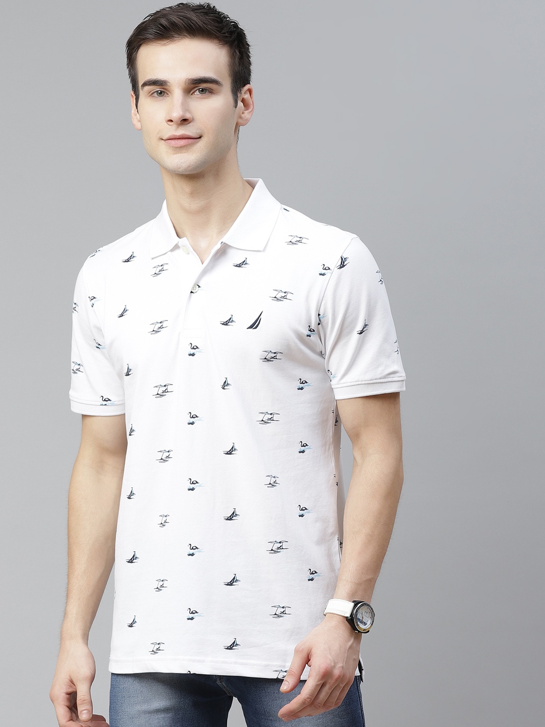 

Nautica Men White & Navy Blue Printed Polo Collar T-shirt