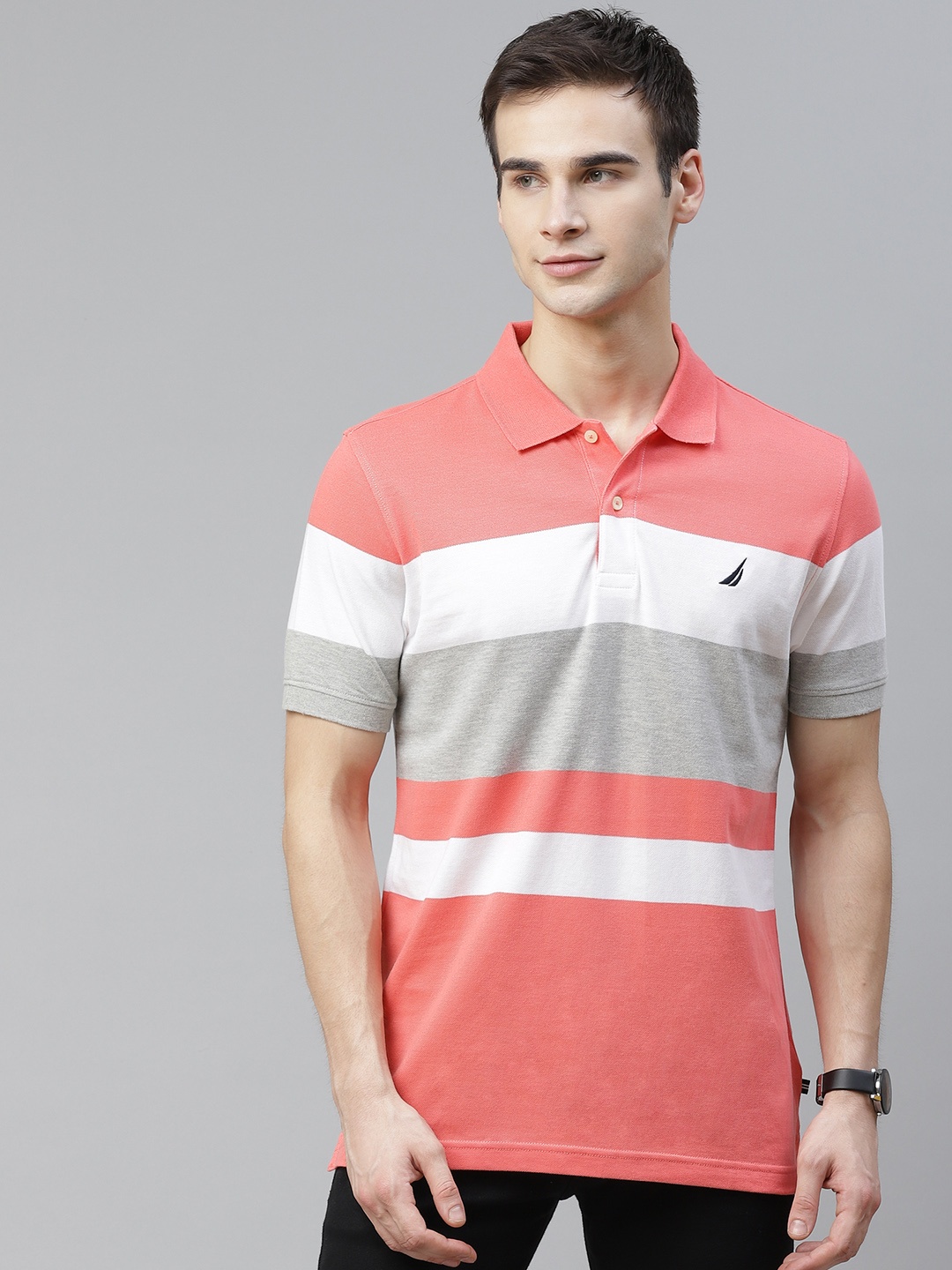 

Nautica Men Coral Pink & White Striped Polo Collar T-shirt