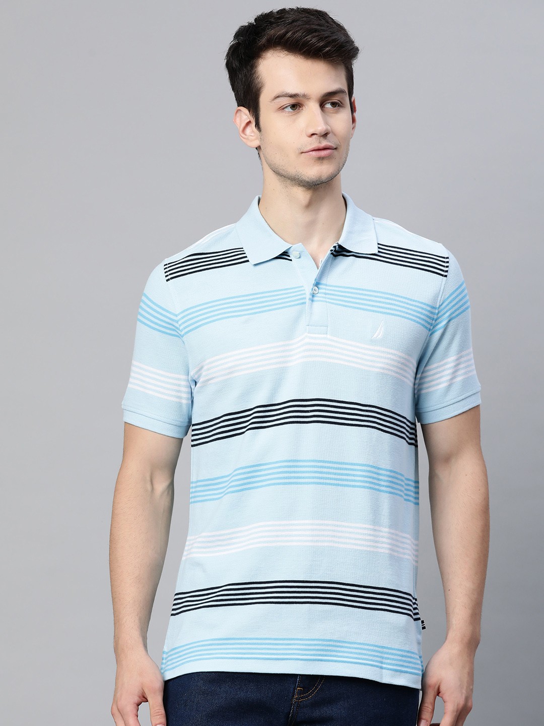

Nautica Men Blue & White Pure Cotton Striped Polo Collar T-shirt