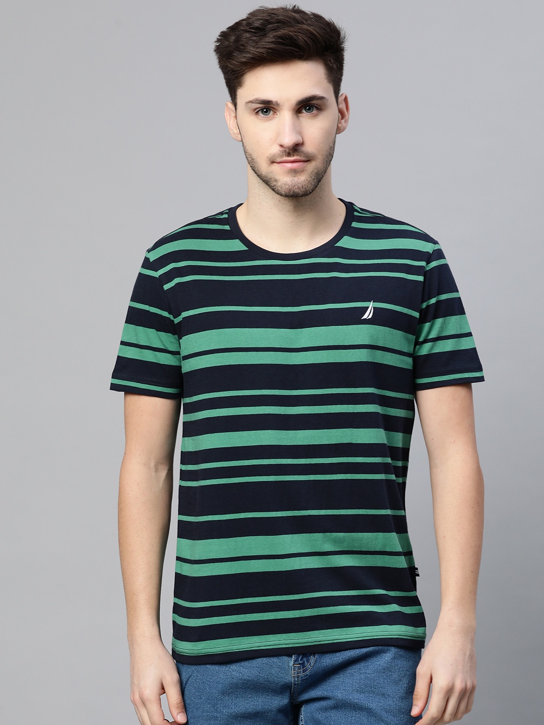 

Nautica Men Navy Blue & Green Striped Round Neck Embroidered Pure Cotton T-shirt
