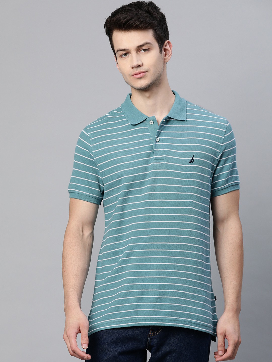 

Nautica Men Sea Green & White Pure Cotton Striped Polo Collar T-shirt