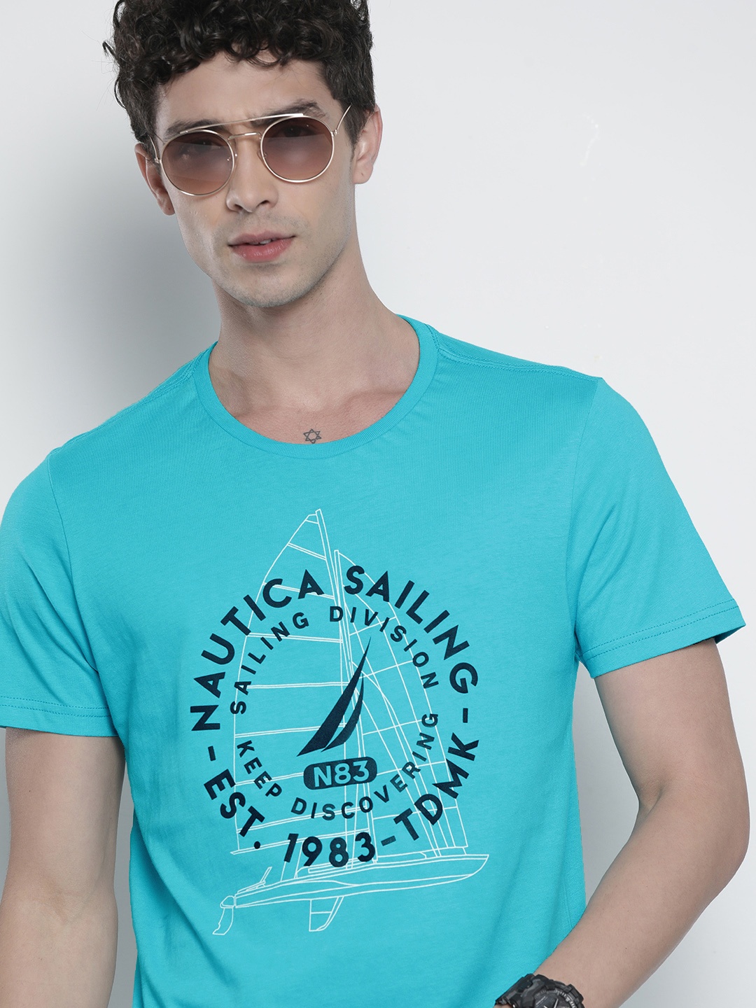 

Nautica Men Turquoise Blue Brand Logo Printed Pure Cotton T-shirt