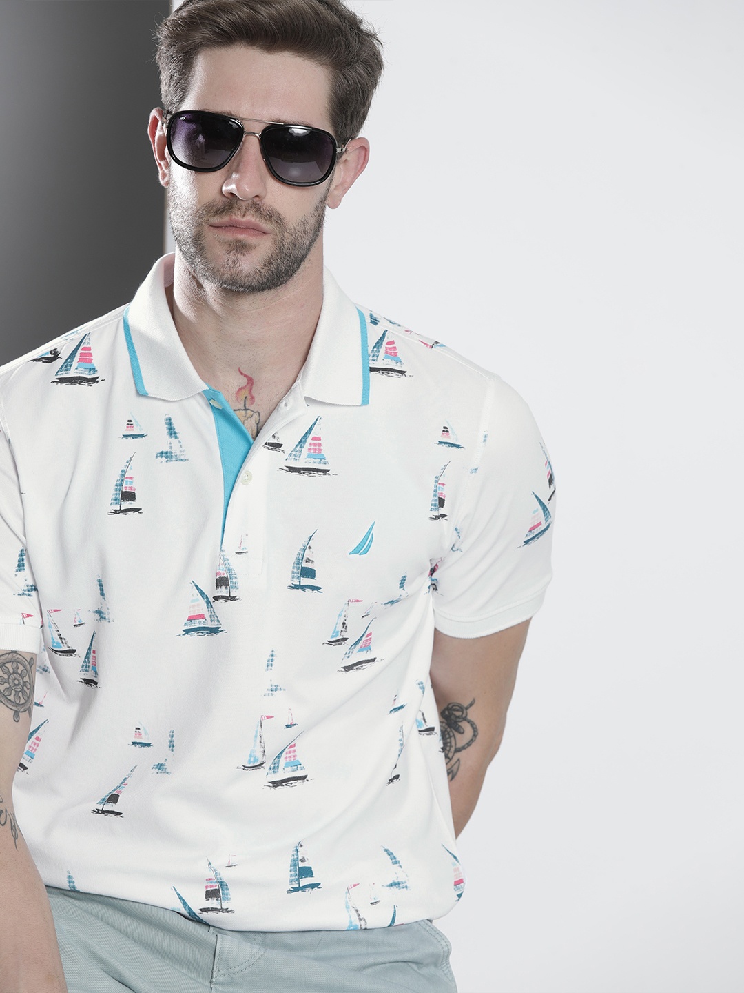 

Nautica Men White & Blue Printed Polo Collar T-shirt