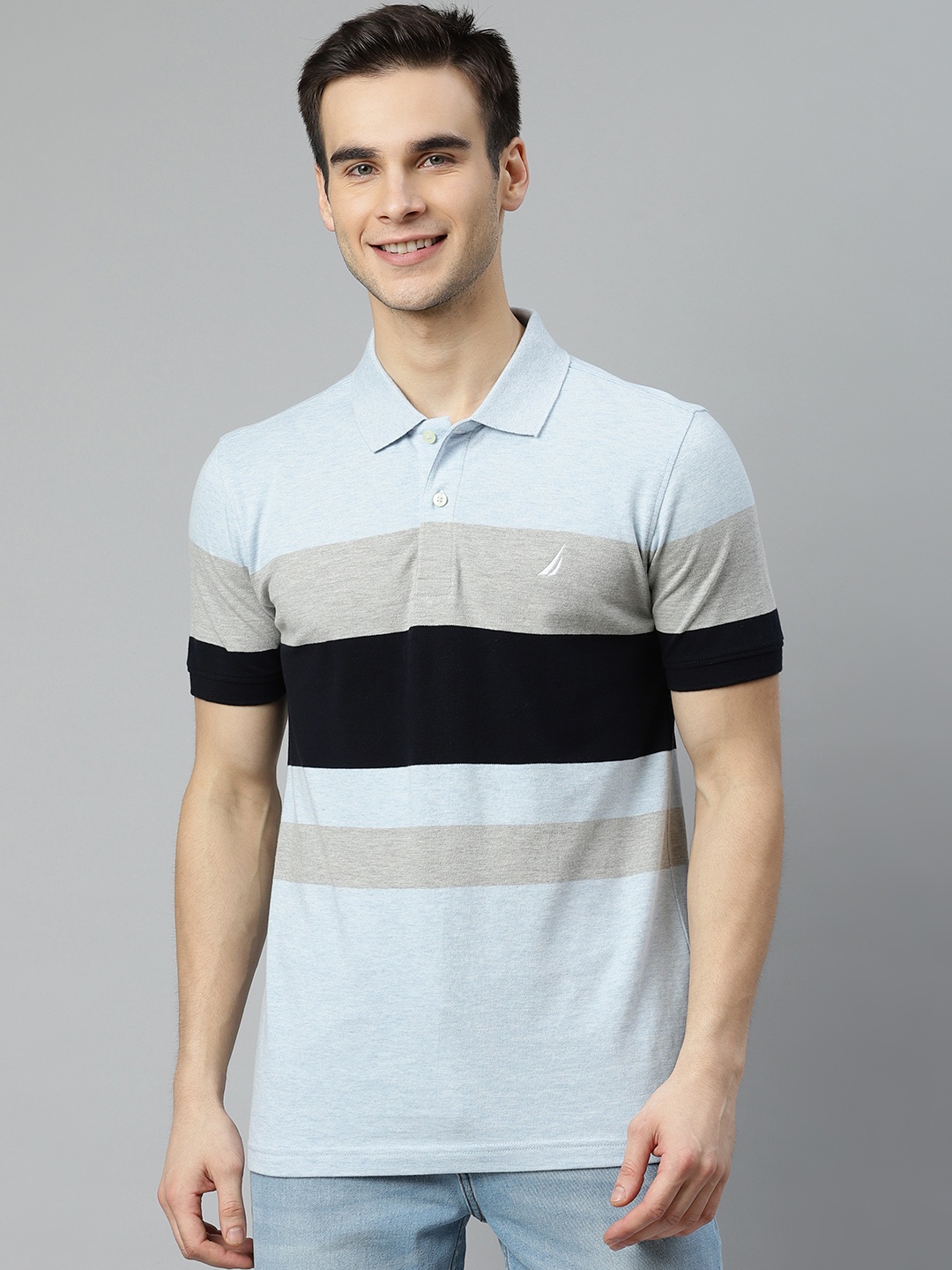 

Nautica Men Blue & Black Pure Cotton Striped Polo Collar T-shirt