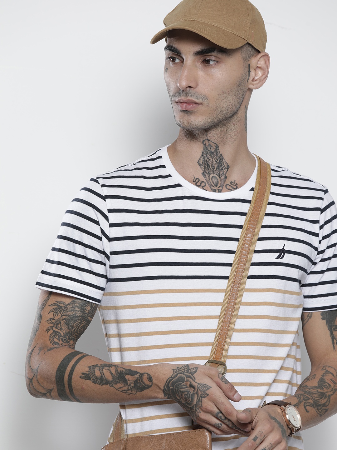 

Nautica Men White Yellow Striped Pure Cotton T-shirt