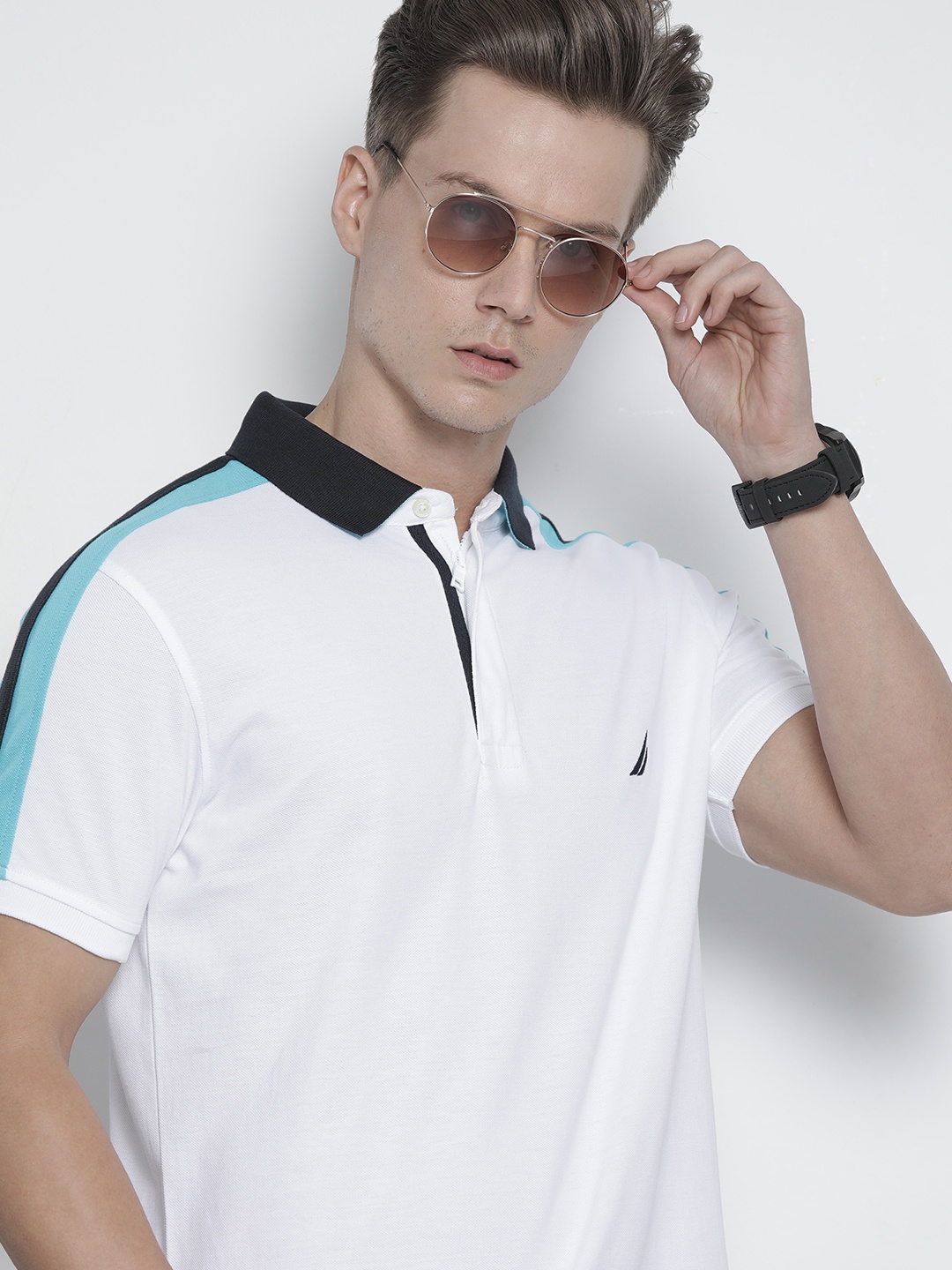 

Nautica Men White Polo Collar Pure Cotton T-shirt with Taping Detail