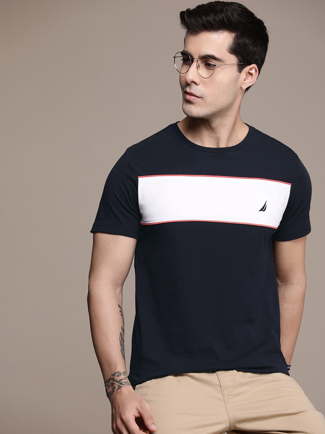 

Nautica Men Pure Cotton Colourblocked Round Neck T-shirt, Navy blue