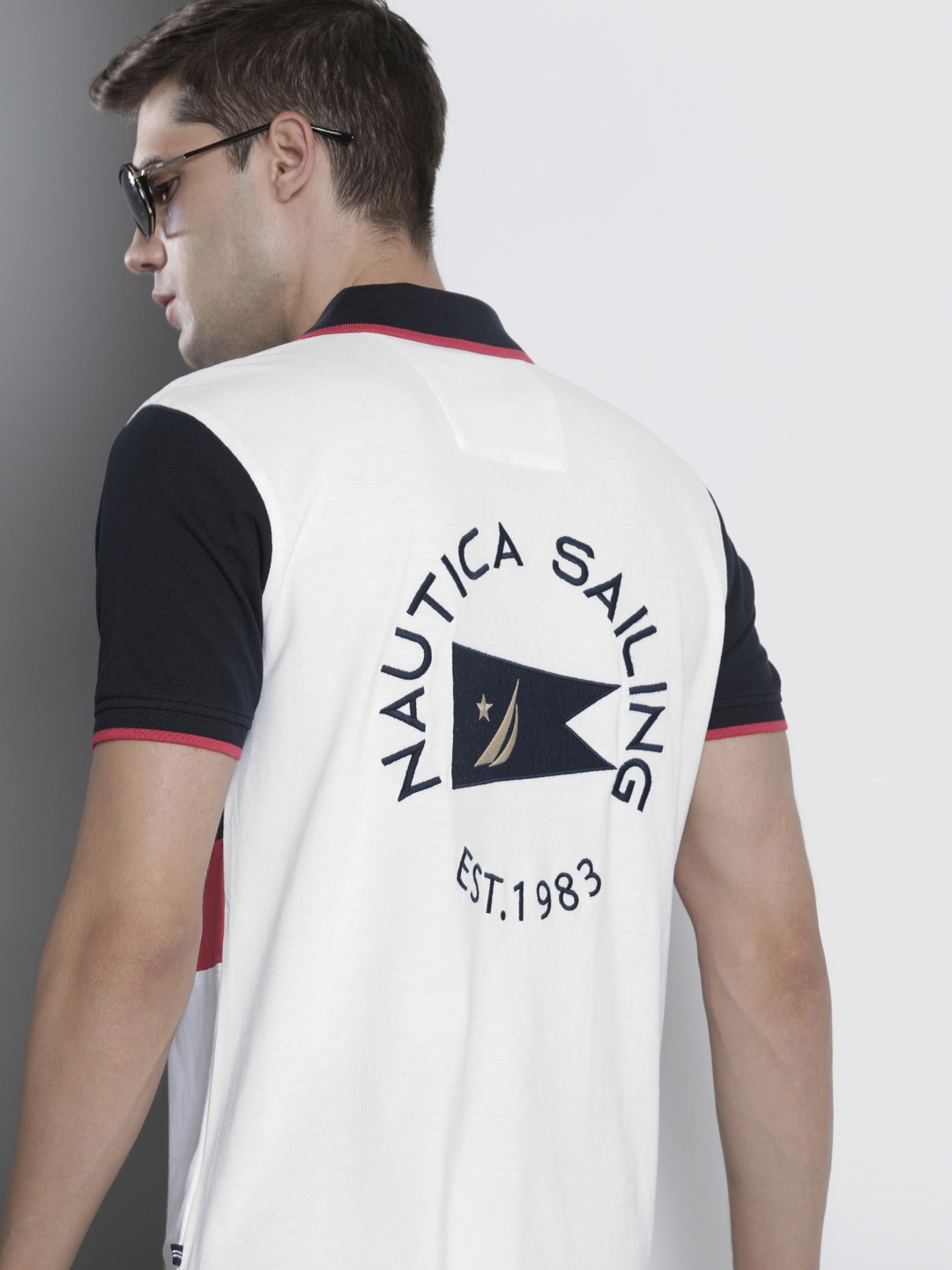 

Nautica Men White & Red Colourblocked Polo Collar T-shirt