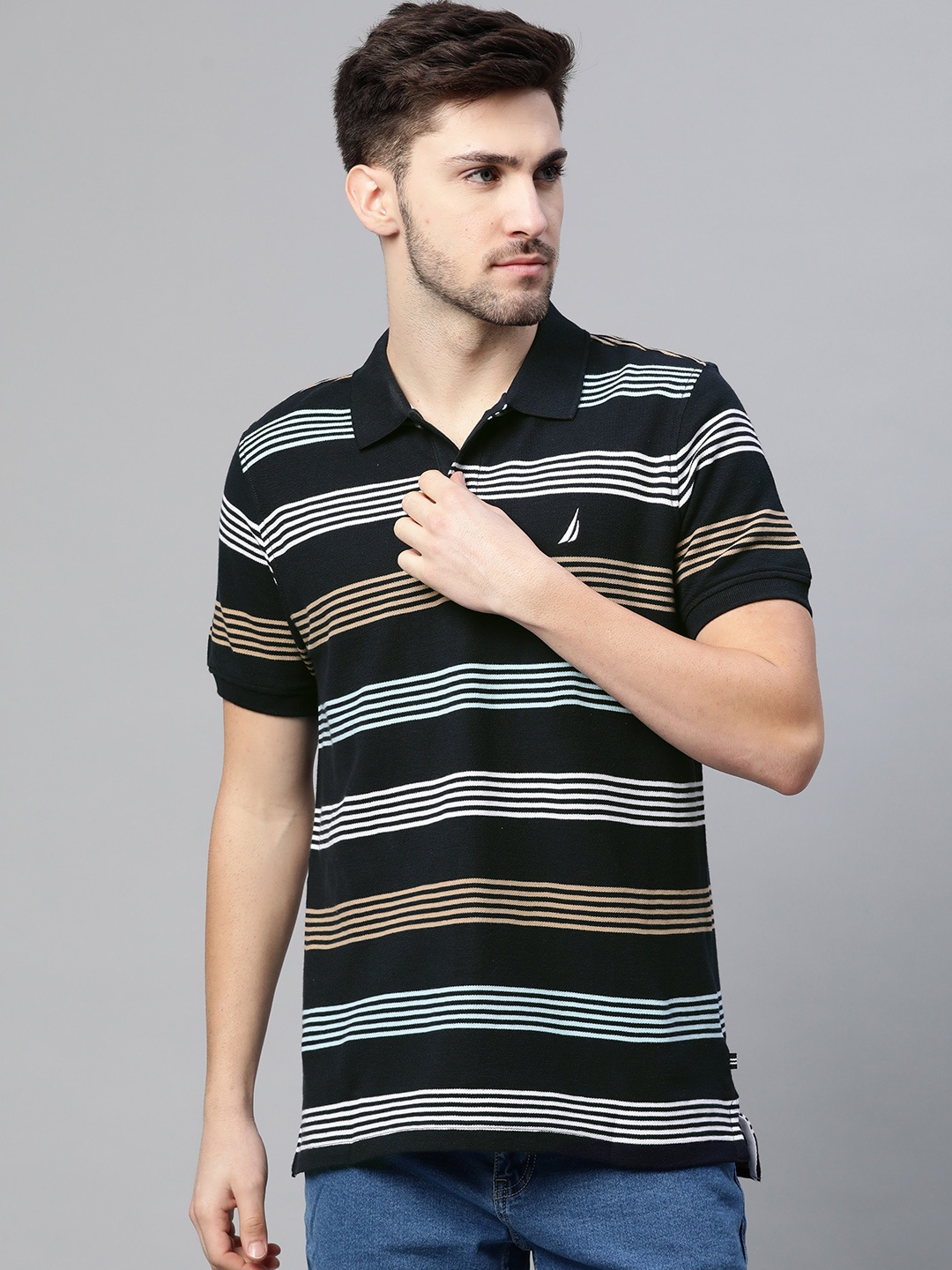

Nautica Men Navy Blue Pure Cotton Striped Polo Collar T-shirt