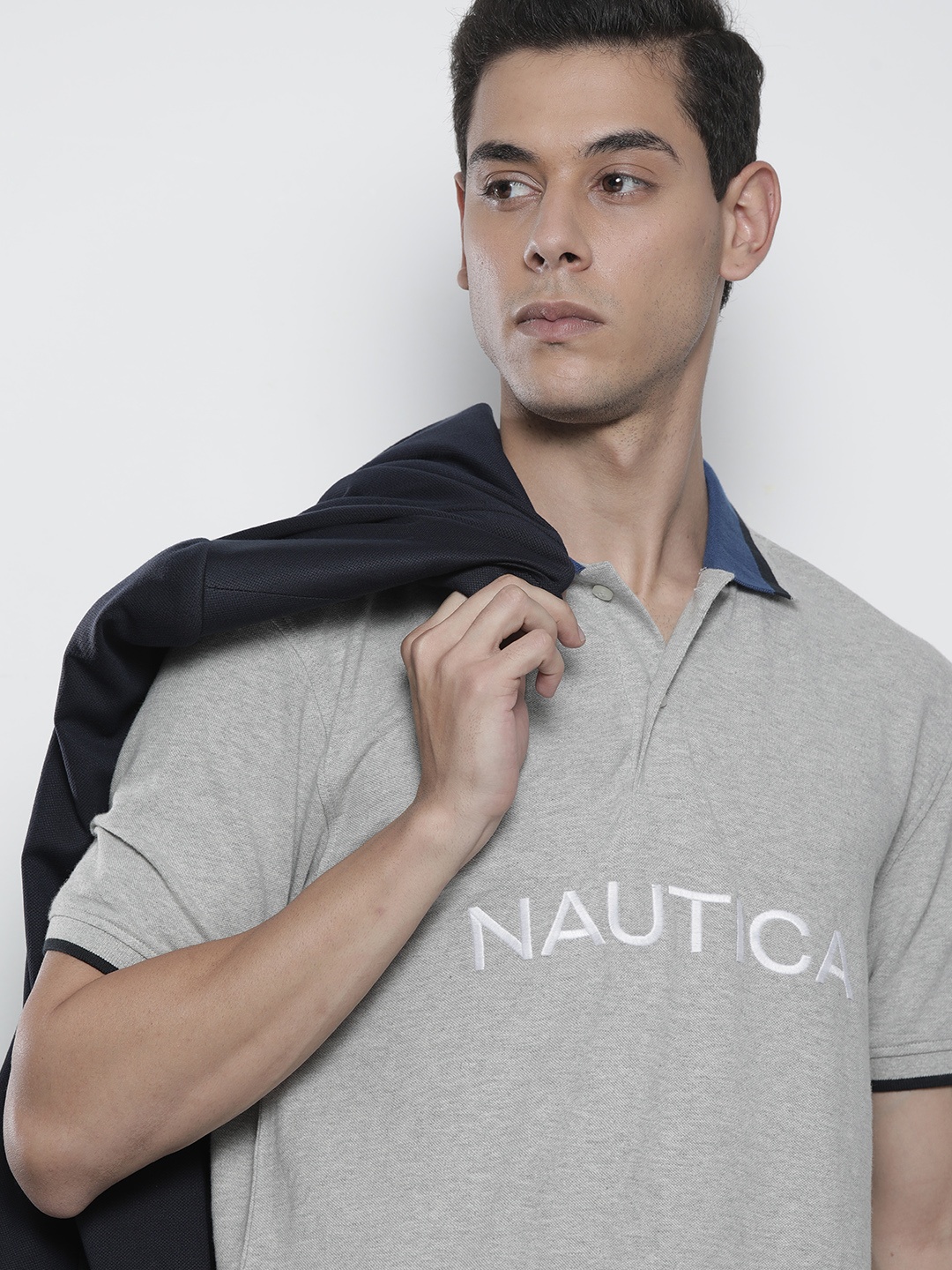 

Nautica Men Grey Melange Brand Logo Embroidered Polo Collar Pure Cotton T-shirt