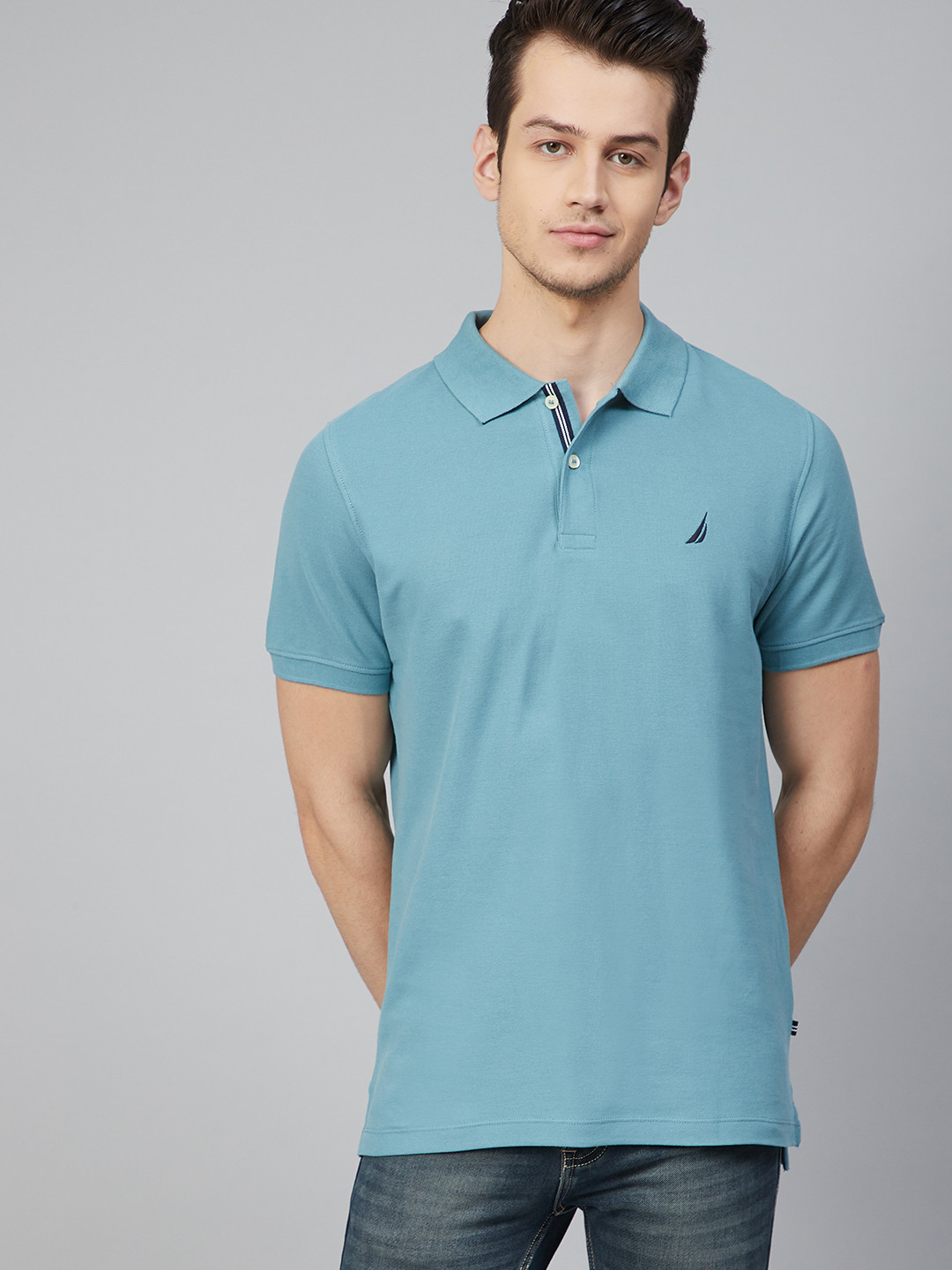 

Nautica Men Blue Cotton Solid Polo Collar T-shirt