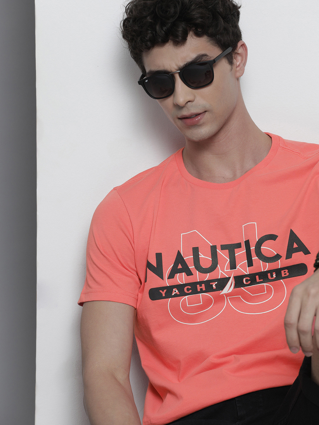 

Nautica Men Peach Black Printed Pure Cotton T-shirt