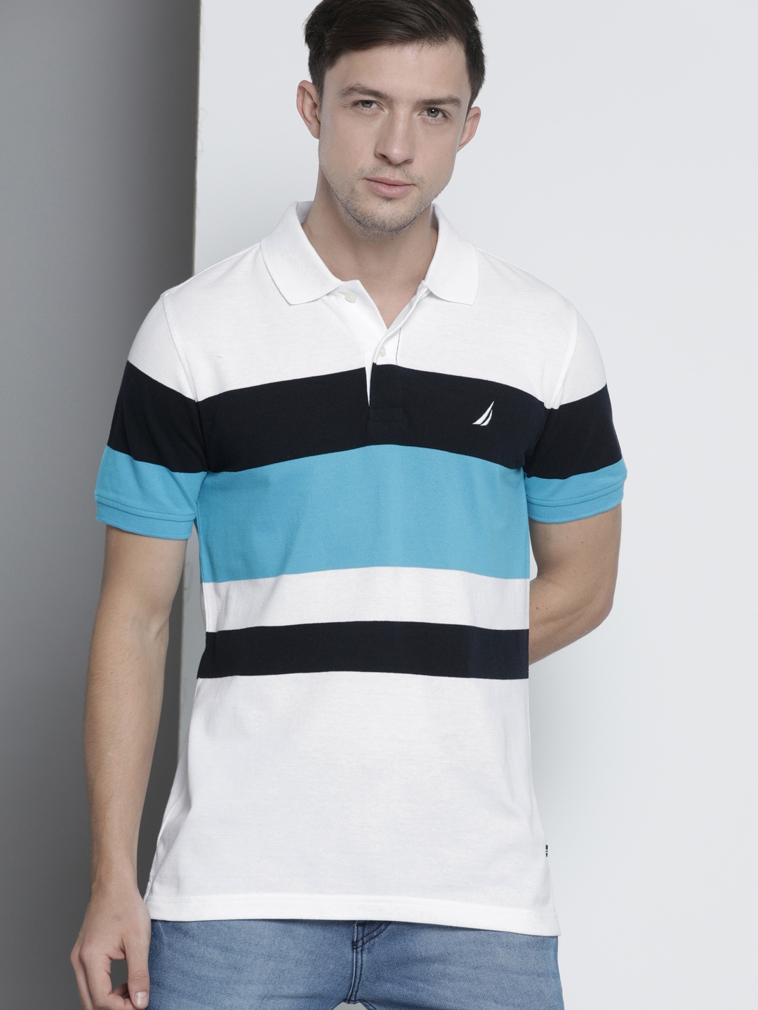

Nautica Men White & Blue Striped Polo Collar Embroidered Pure Cotton T-shirt