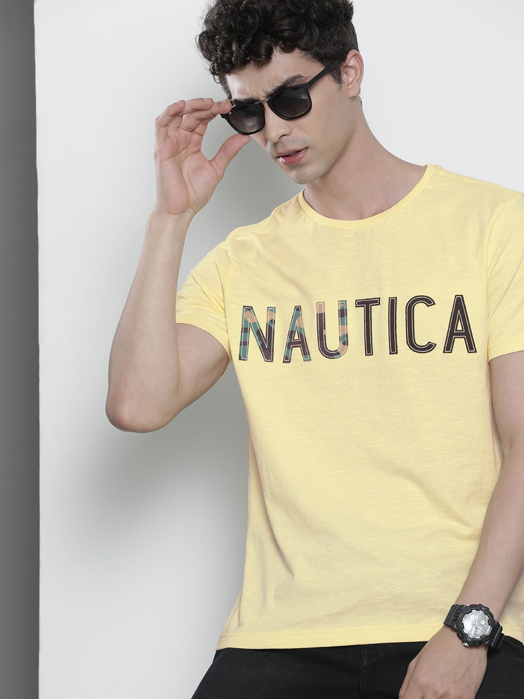 

Nautica Men Yellow Green Printed Pure Cotton T-shirt