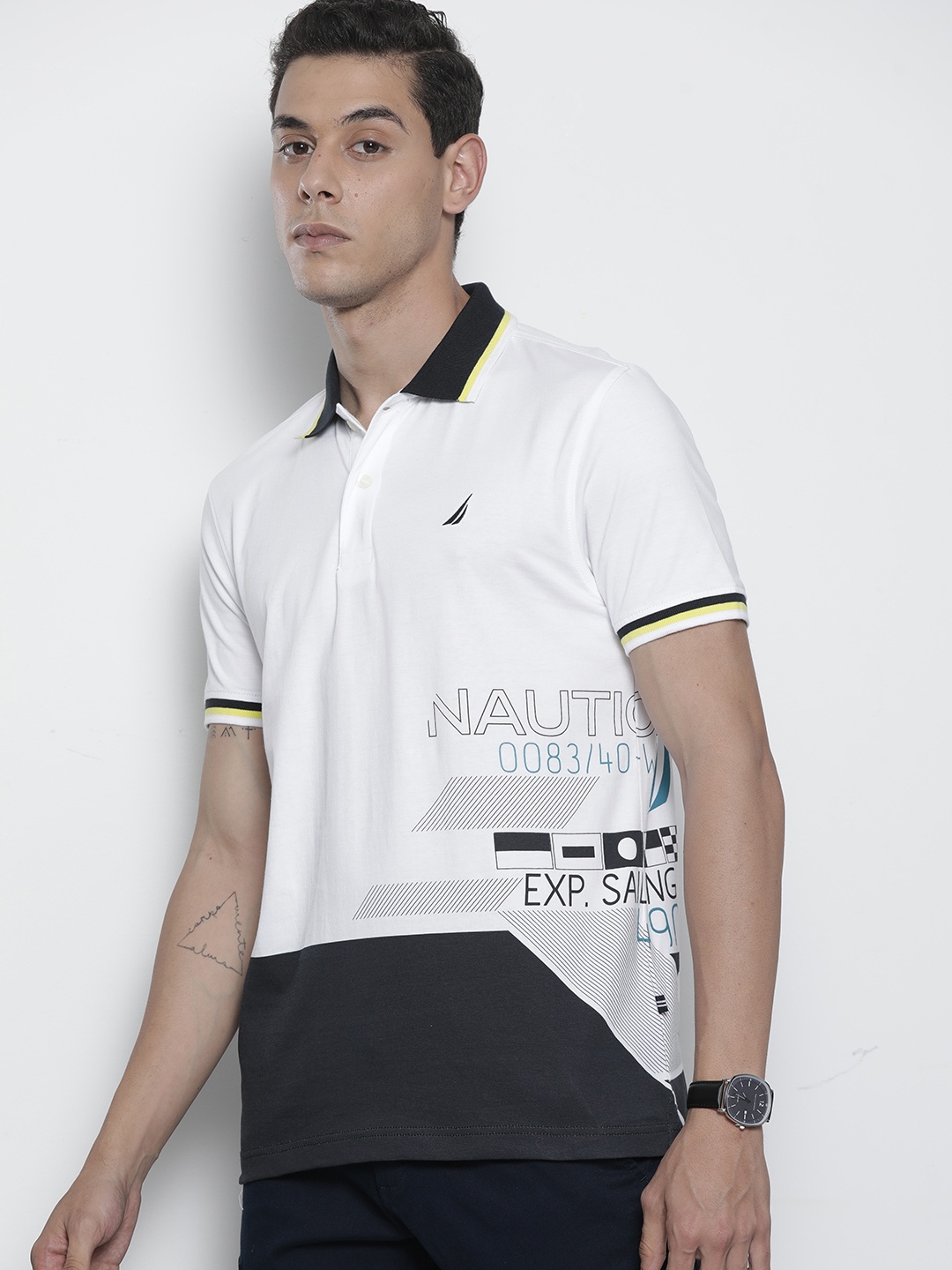 

Nautica Men White Black Colourblocked Polo Collar Pure Cotton T-shirt with Printed Detail