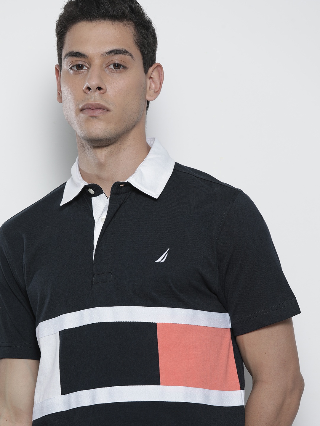 

Nautica Men Black White Colourblocked Polo Collar Pure Cotton T-shirt