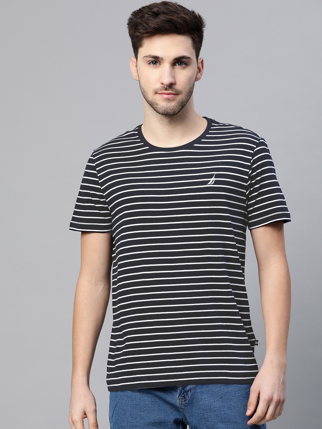 

Nautica Men Navy Blue & White Striped Round Neck Pure Cotton T-shirt