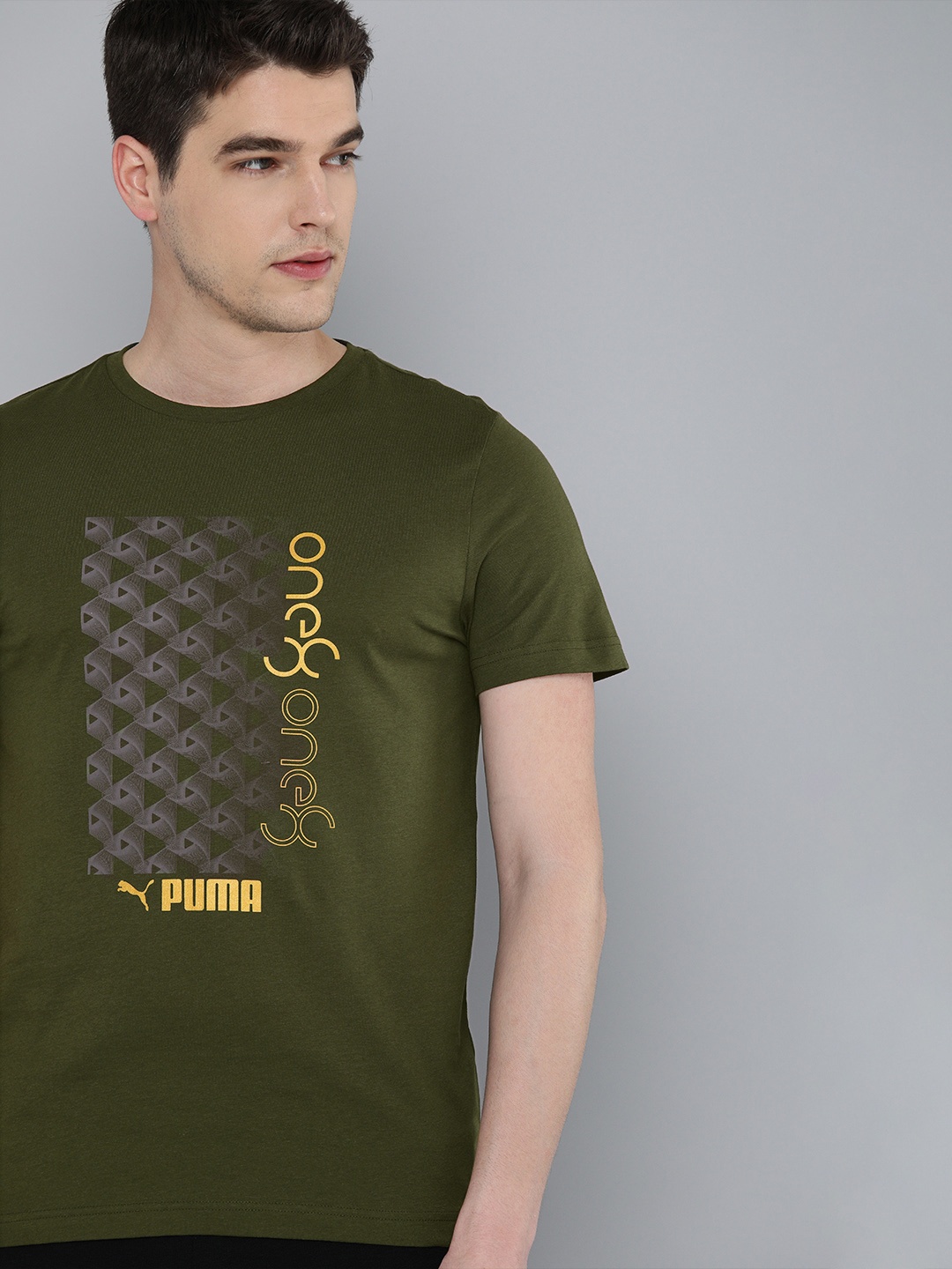 

Puma Men Olive Green Slim Fit Gold Foil Graphic Printed Round Neck Pure Cotton T-shirt