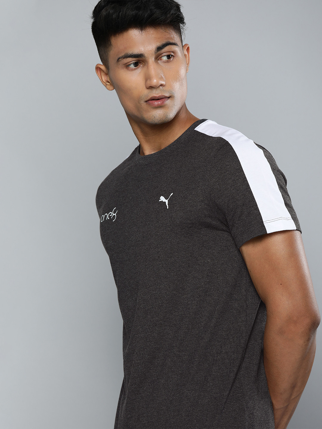 

one8 x PUMA Men Black Solid Slim Fit VK Core Heather Panel Round Neck T-shirt