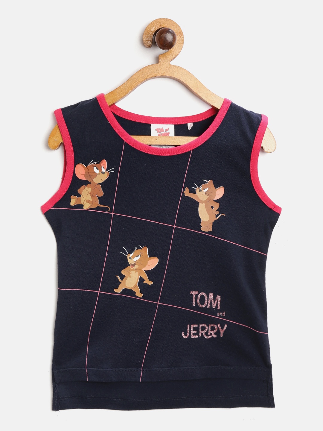 

toothless Tom Jerry Girls Navy Blue Pure Cotton Printed Round Neck Sleeveless Pure Cotton T-shirt