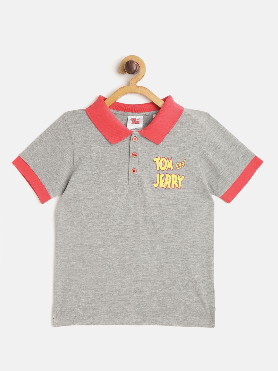 

toothless Boys Grey Melange Tom Jerry Print Back Pure Cotton Polo Collar Pure Cotton T-shirt